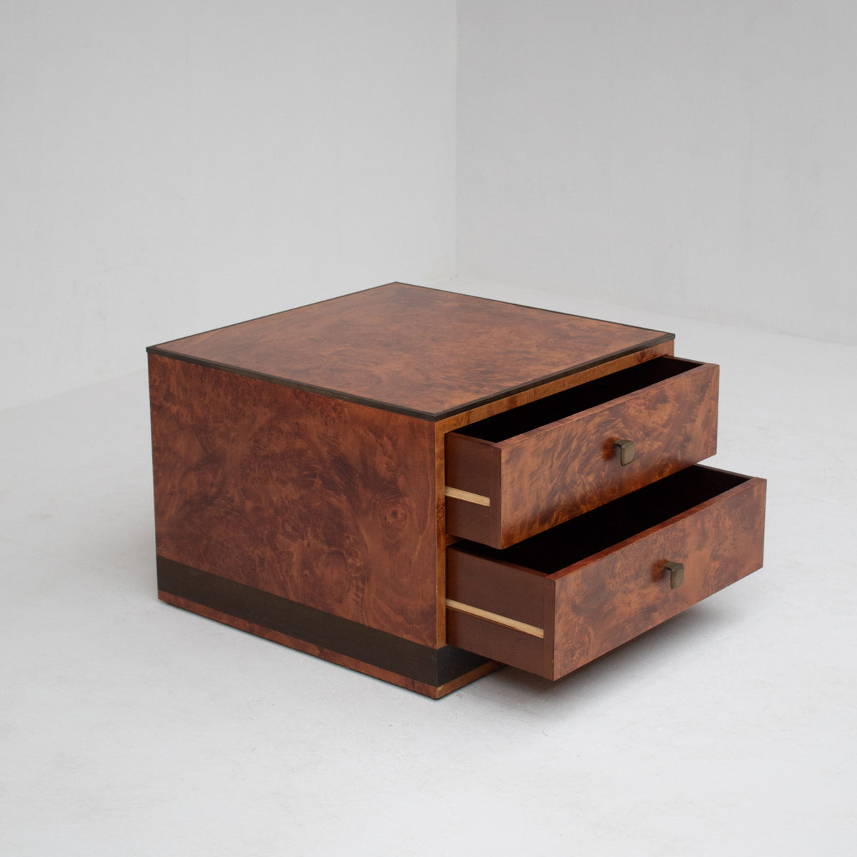 Vintage Burl Wood Cube Cabinet with Two Drawers — side angle