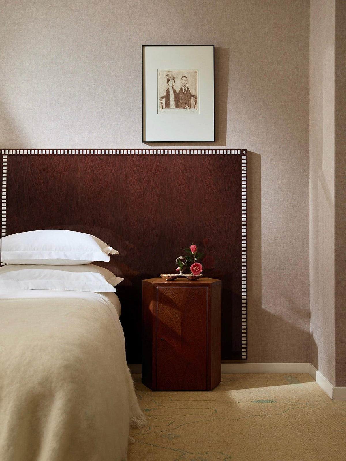Aquarama Headboard in African Mahogany — detail of headboard in bedroom setting