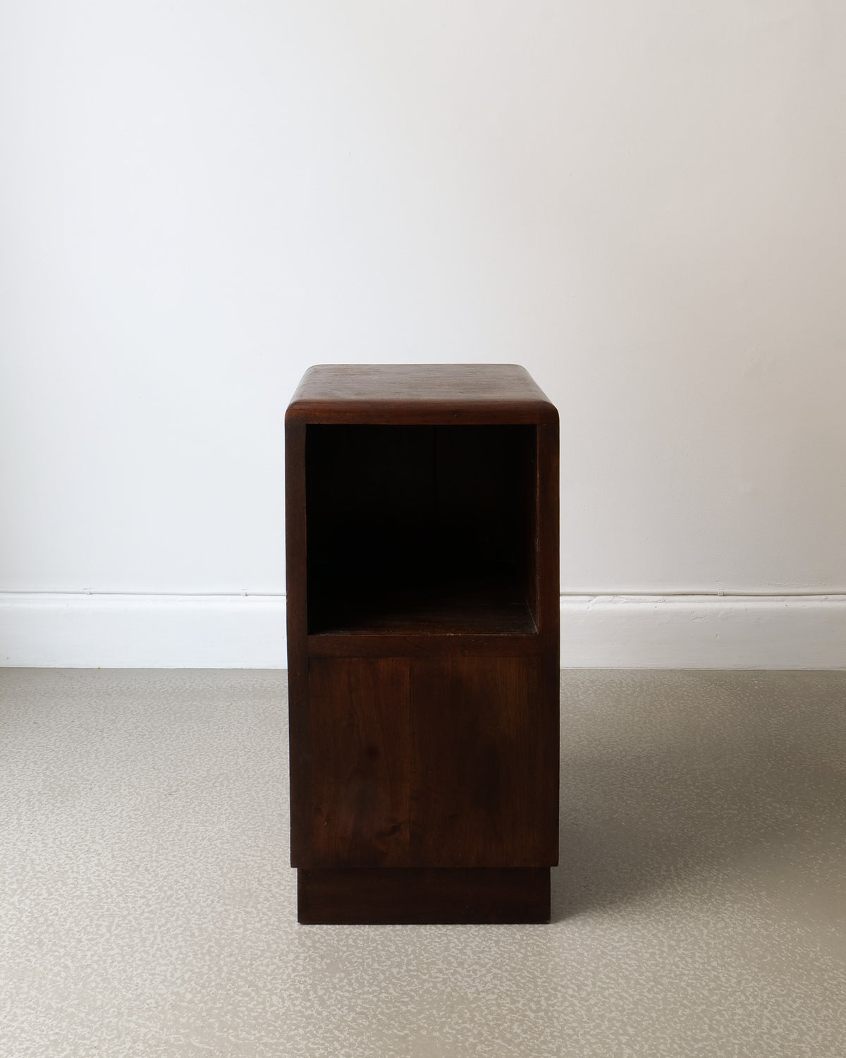 Art Deco walnut side table showing open compartment profile view