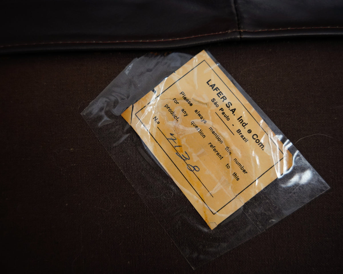 MP-81 2-seater Sofa by Percival Lafer for Lafer MP — close-up of fabric tag on brown upholstery