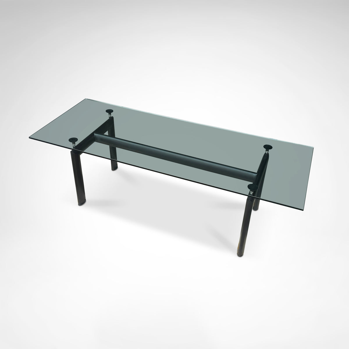 LC6 Dining Table by Le Corbusier et al. for Cassina 1990s — top view of glass surface and black legs