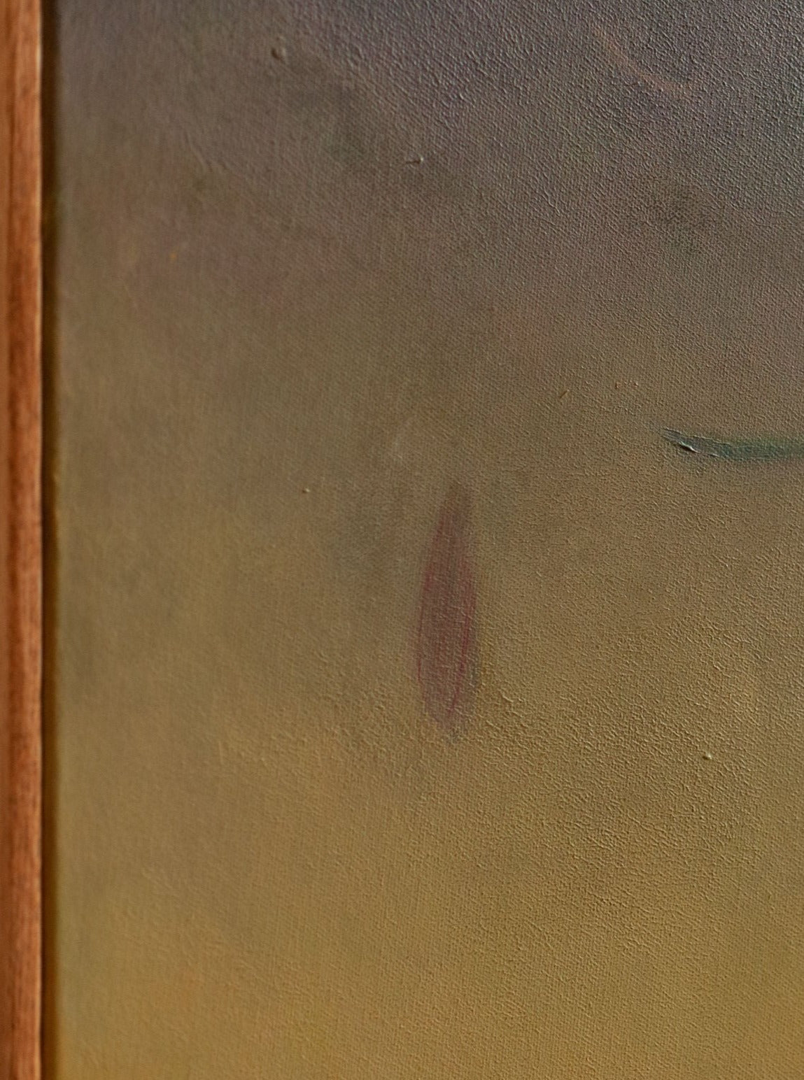 Close-up of a textured painting from Rebecca von Matérn's art collection, showing a gradient from dark green to yellow with a small red brushstroke detail near the center, framed in brown wood. The painting is titled "Ponds & Breezes