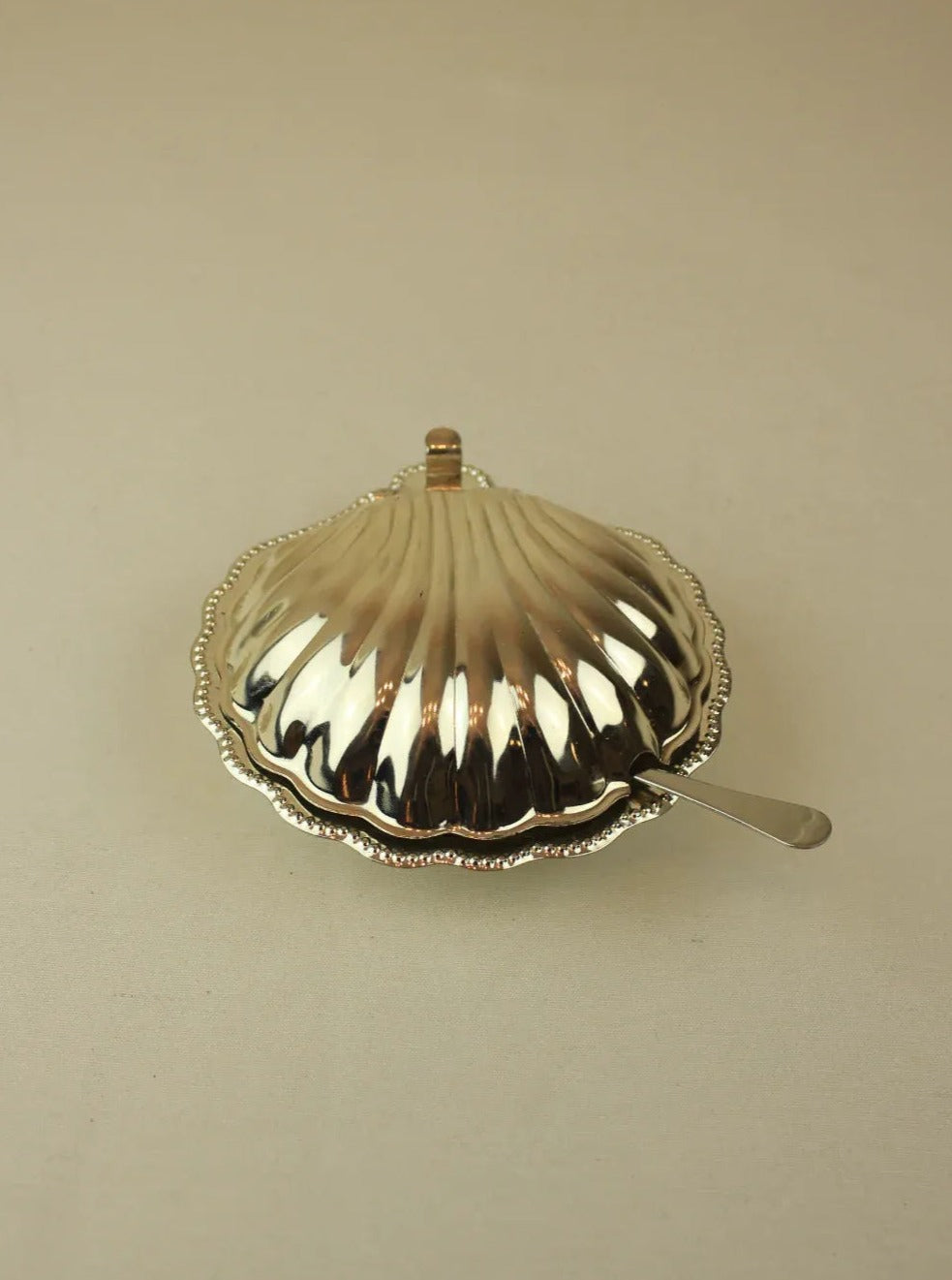 A small, shiny silver Shell Shaped Butter Dish from Boga Avante Shop features an ornate edge and a decorative butter knife partially tucked underneath its shell-shaped lid. The dish is set against a plain, light-colored surface.