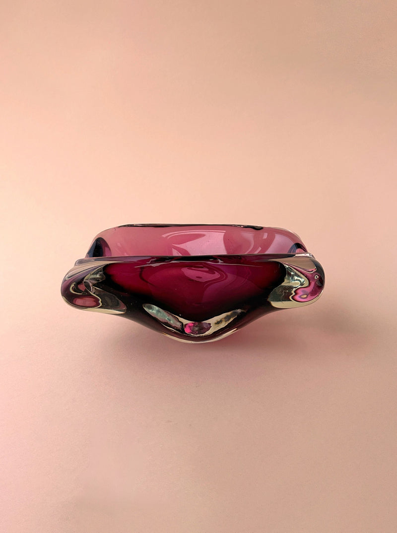 Large Cherry Red Glass Bowl from Bohemia 1970s with intricate floral etchings