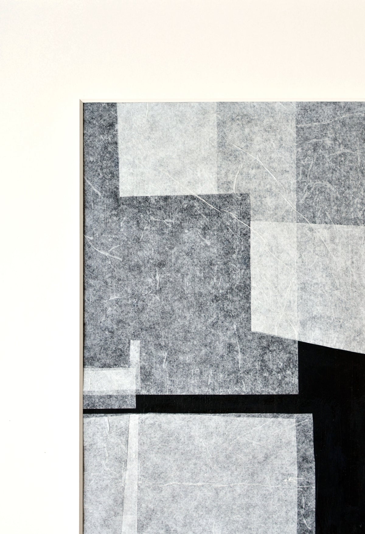 Stone and Gap No.05/22" by Julita Elbe exemplifies a minimalist aesthetic with overlapping geometric shapes in gray and black. It features textured squares and rectangles, creating a layered look against a light background, reflecting contemporary design principles.
