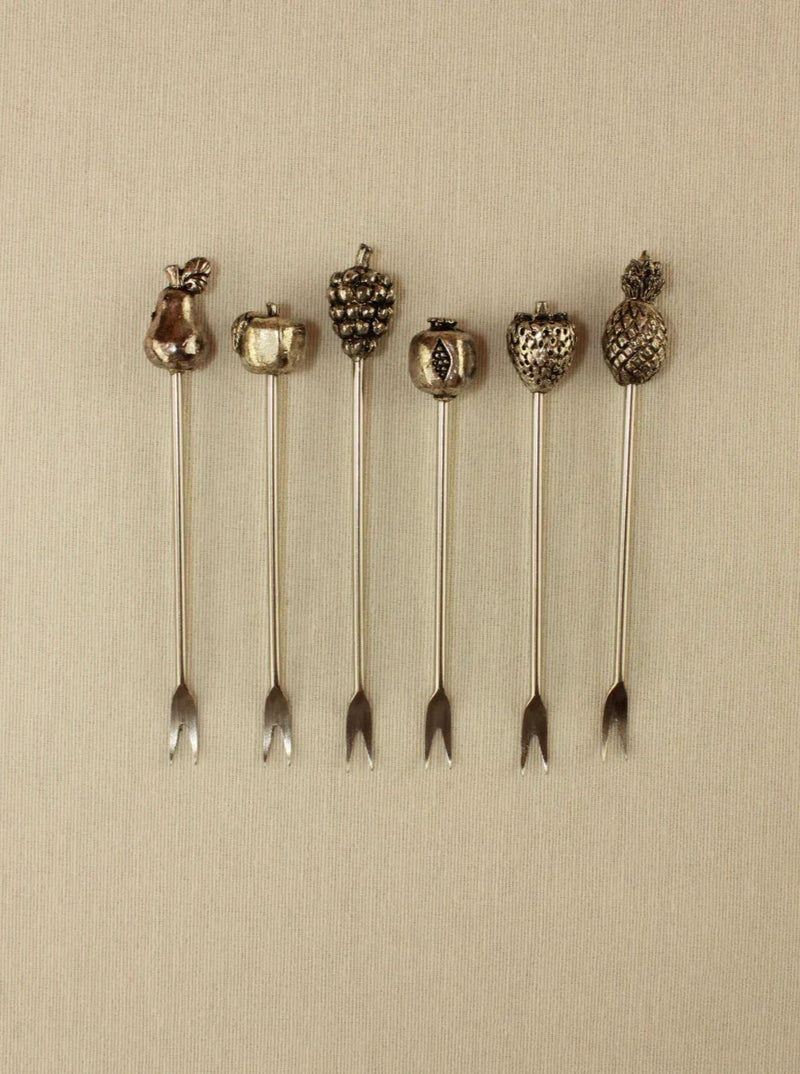 Set of six stainless steel appetizer skewers with colorful handles
