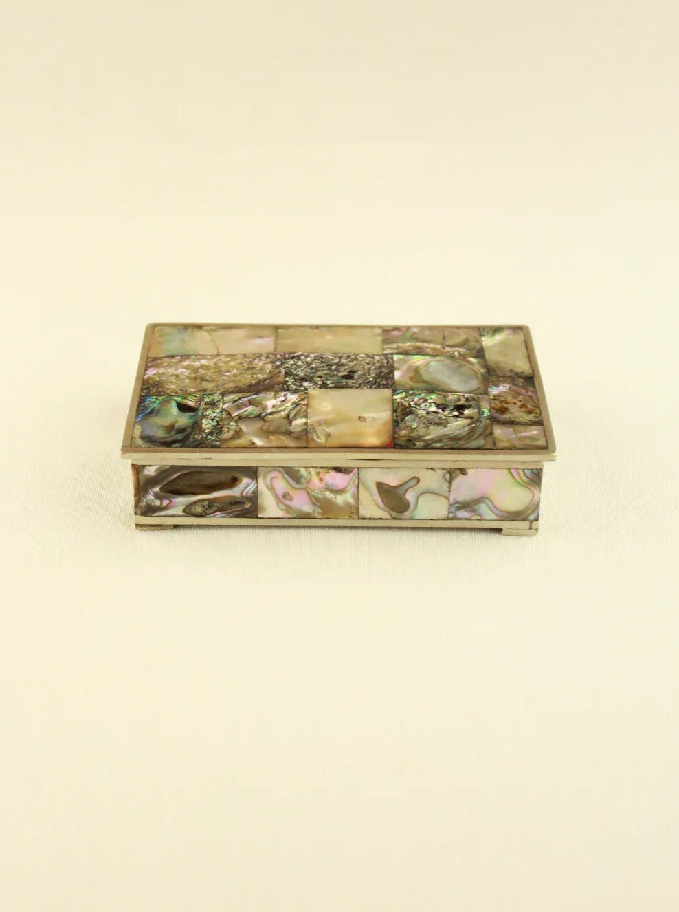 Vintage Abalone Shell Jewelry Box with Hinged Lid and Brass Hardware