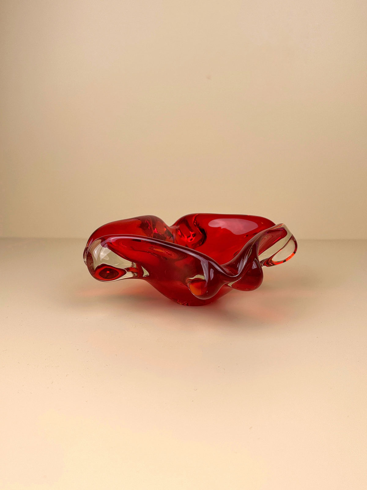 Mid Century Murano Glass Bowl 70s in vibrant red and orange swirls