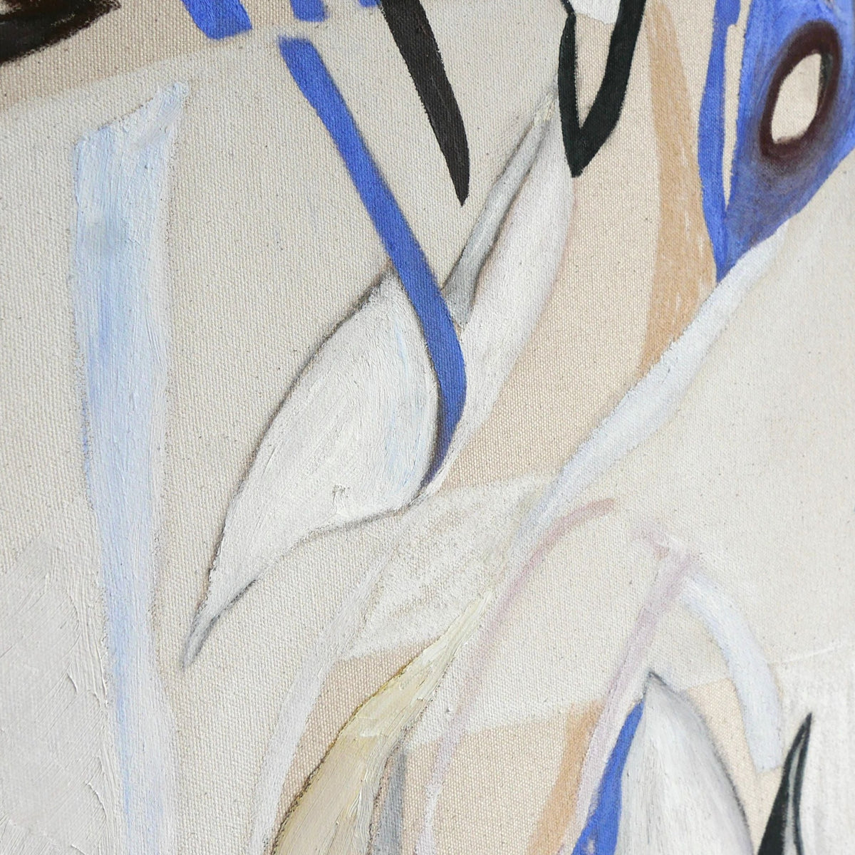 Close-up of an oil painting with textured strokes of 'Blue' on canvas, suggesting a fluid, dynamic composition by Elena Barber.