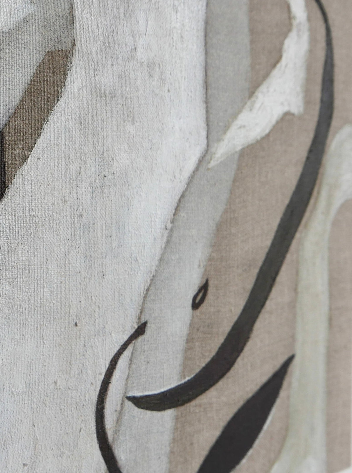 Close-up detail of a painting showing a segment of a white rhinoceros with a focus on the eye and part of the horn, depicted in soft gray and white oil paint tones by Elena Barber's 'Silk Light'.