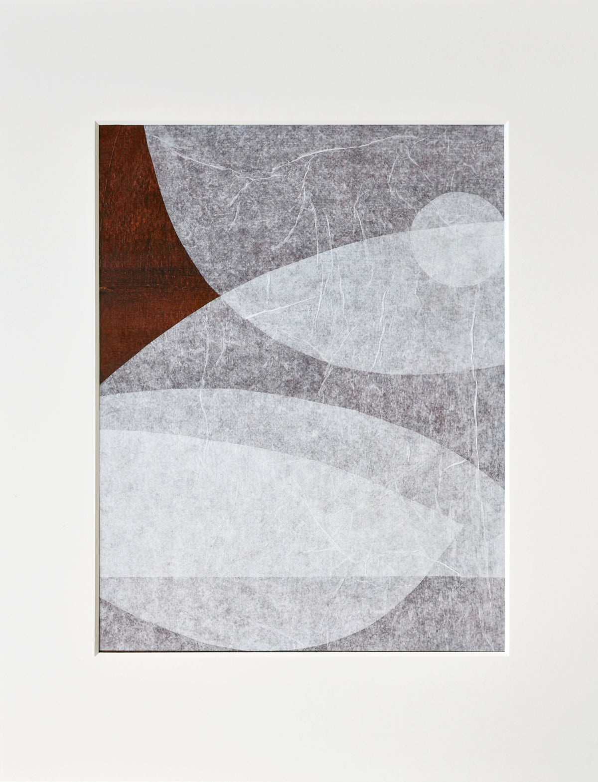 The abstract artwork "Moment" by Julita Elbe features contemporary design with overlapping translucent gray and white shapes on a textured background, complemented by a reddish-brown patch in the top left corner, adding depth and making it ideal for luxury interiors.