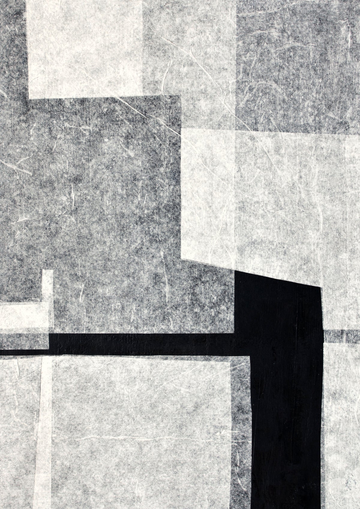 The Julita Elbe "Stone and Gap No.05/22" features contemporary abstract artwork with overlapping geometric shapes in gray and black. Handcrafted squares and rectangles with unique textures create a layered effect on a textured background, embracing a minimalist aesthetic.